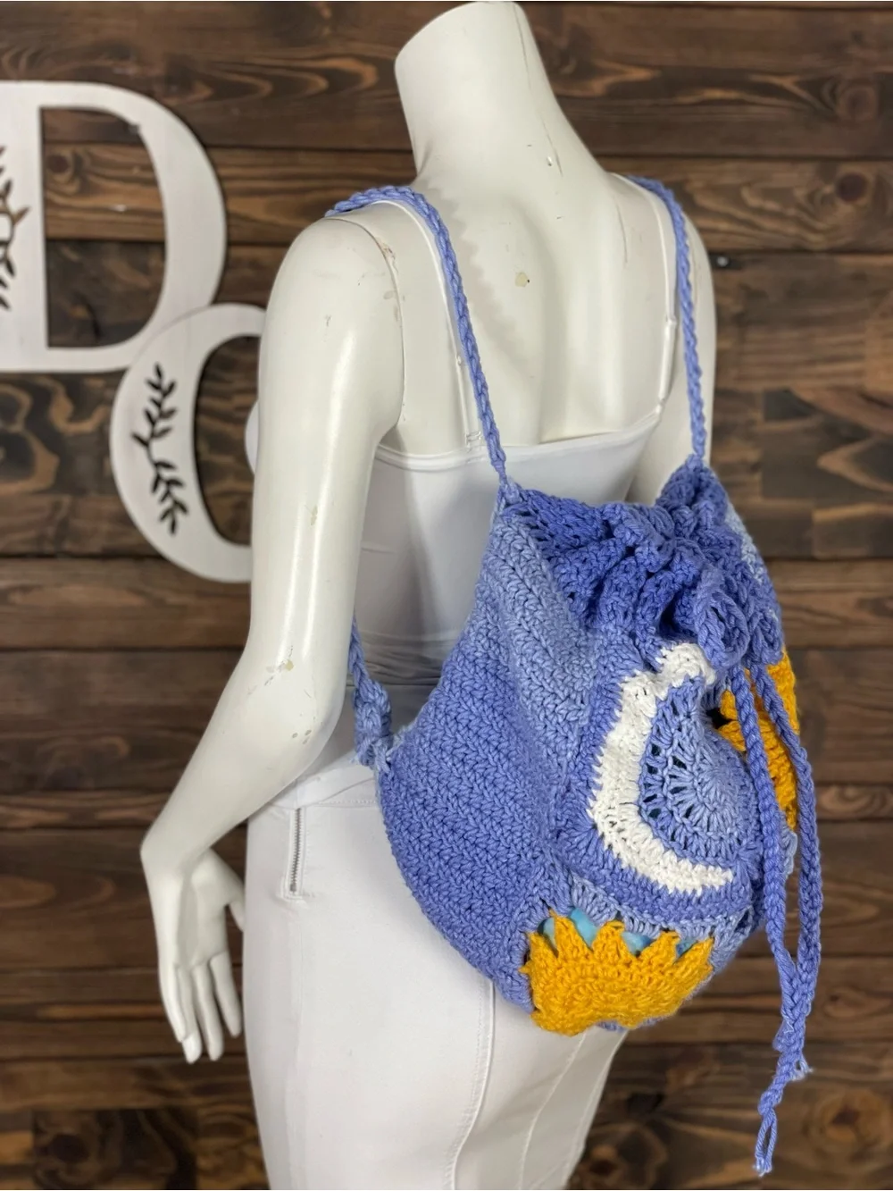 Hand-Crocheted Drawstring Bag Yellow Sun and Moon Blue Crochet‎ Knit Back Pack